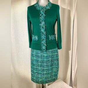 Kate Spade Tweed Wool Skirt & Silk Cardigan Set Emerald Green Bouclé Trim Size 6